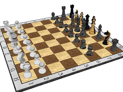 Classic Chessboard With Black And White Pieces Arranged On Checkered Surface 3d model