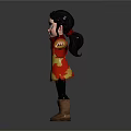 3D Girl Character With Braided Hair Green Eyes Red Yellow Robe And Brown Boots