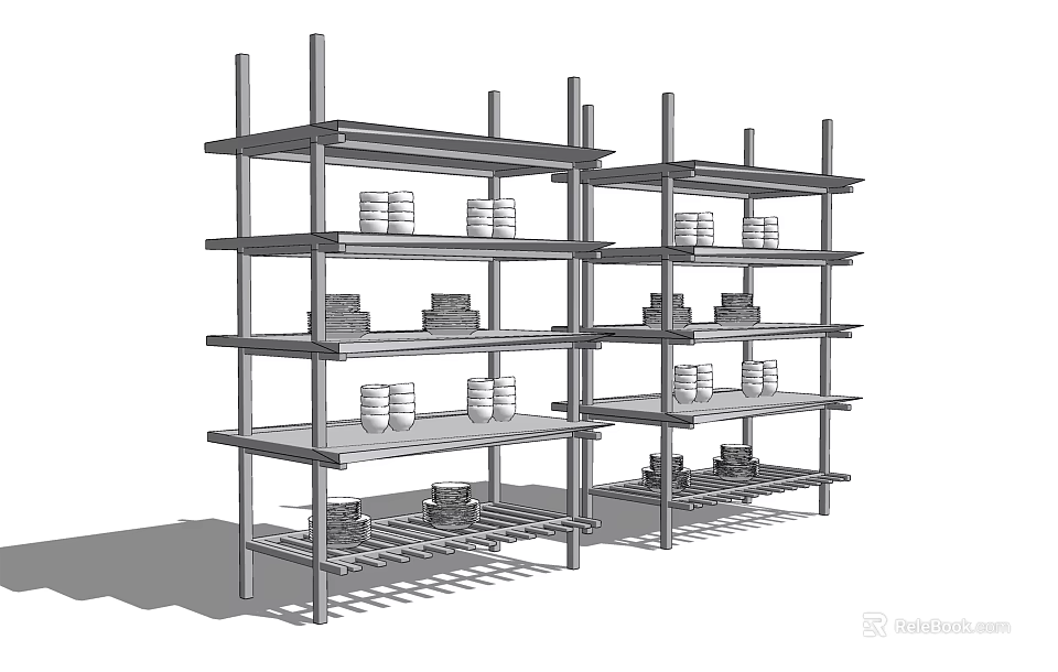 Metal Shelving Unit with Multiple Layers for Organizing Dishes and Containers in Storage Space 3d model 