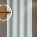 Modern Feature Wall With Wooden Striped Panels Circular Decorative Light Wall Sconces and Vases