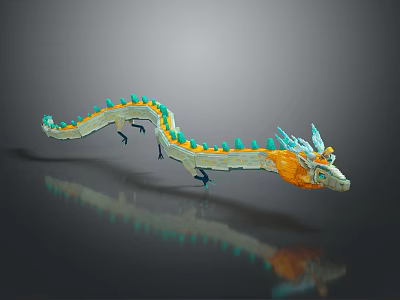 3D Dragon Model With Coiled Yellow Turquoise Body Shiny Surface And Reflective Base 3d model