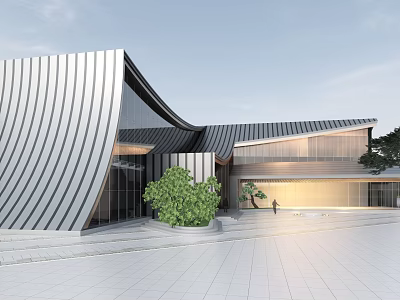 Modern Sales Office Building With Curved Metal Facade Large Glass Windows And Green Plants 3d model