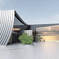 Modern Sales Office Building With Curved Metal Facade Large Glass Windows And Green Plants