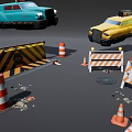 Public Facilities Collection With Trash Bins Traffic Cones Road Barriers And Advertising Banners