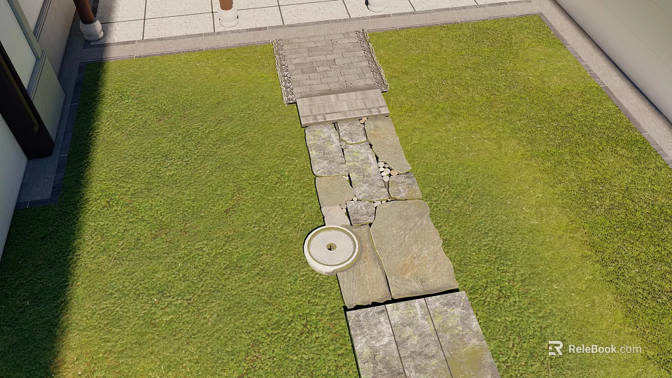 Natural Stone Path Through Lush Green Grass With Circular Decorative Element 3d model 
