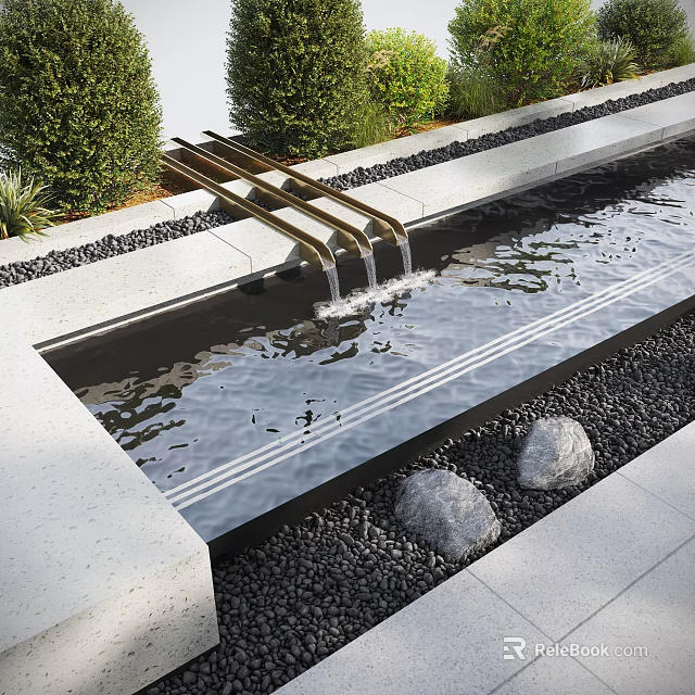 Modern Water Fountain Design With Metal Spouts Flowing Water Pebbles Green Shrubs And Stone Slabs 3d model 