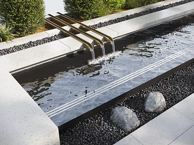 Modern Water Fountain Design With Metal Spouts Flowing Water Pebbles Green Shrubs And Stone Slabs 3d model