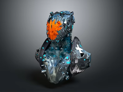 Detailed Mechanical Biomechanical Character With Armored Body And Glowing Orange Blue Features 3d model