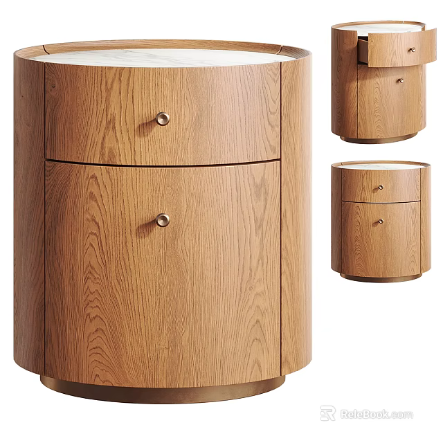Modern Round Oak Nightstand With Drawer And Minimalist Design Features 3d model 