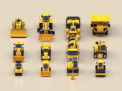 Different Types of Yellow Functional Construction Vehicles Including Bulldozers Dump Trucks and Rollers 3d model