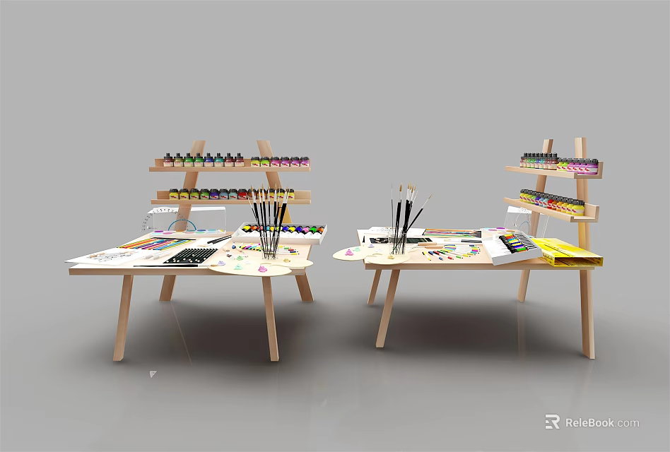 Art Supplies Workspace With Wooden Tables Shelves Paints And Brushes 3d model 