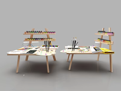 Art Supplies Workspace With Wooden Tables Shelves Paints And Brushes 3d model