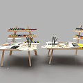 Art Supplies Workspace With Wooden Tables Shelves Paints And Brushes