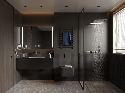 Modern Bathroom Interior With Black Tiles Shower Mirror Vanity Towel Rack And Window Blinds 3d model
