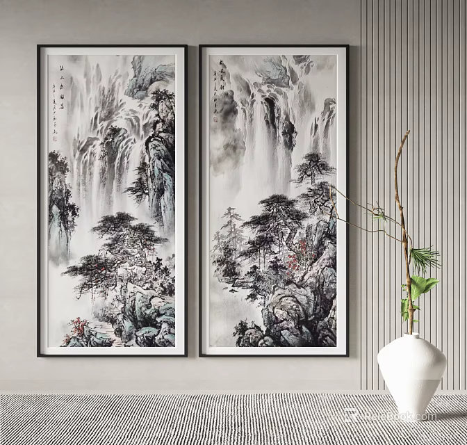 Traditional Chinese Landscape Painting With Mountains Waterfalls And Pine Trees Hanging On Wall 3d model 