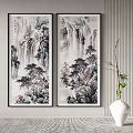 Traditional Chinese Landscape Painting With Mountains Waterfalls And Pine Trees Hanging On Wall