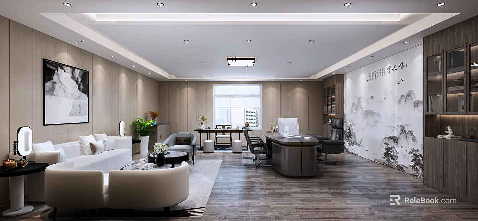 Elegant Modern Office Interior With Sofa Desk Chairs Large Window And Decorative Painting 3d model