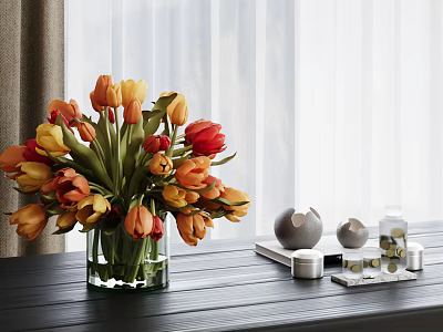 Orange And Red Tulips In Glass Vase On Dark Wooden Table With Small Decorative Items 3d model
