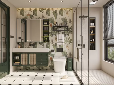 Modern Bathroom With Green Vanity Tropical Plant Wallpaper White Toilet Glass Shower Black White Flooring 3d model