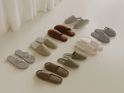 Various Comfortable Home Slippers In Different Colors And Styles With Checkered Pattern 3d model
