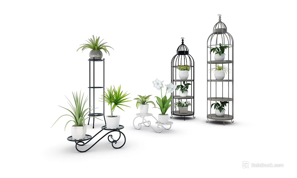 Stylish Garden Accents Featuring Metal Plant Stands Birdcage Shelves And Potted Plants 3d model 