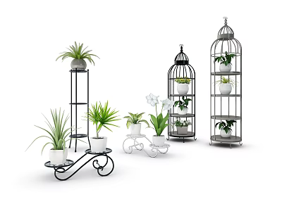 Stylish Garden Accents Featuring Metal Plant Stands Birdcage Shelves And Potted Plants 3d model