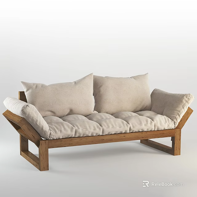Modern Three Seater Sofa With Wooden Frame And Beige Fabric Cushions 3d model 