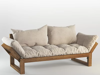 Modern Three Seater Sofa With Wooden Frame And Beige Fabric Cushions 3d model