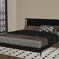 Modern Double Bed With Woven Headboard Brown Pillows And Geometric Rug By Window