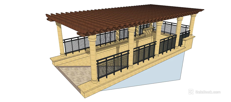 Outdoor Pergola Platform With Brown Roof Columns And Black Railings 3d model 