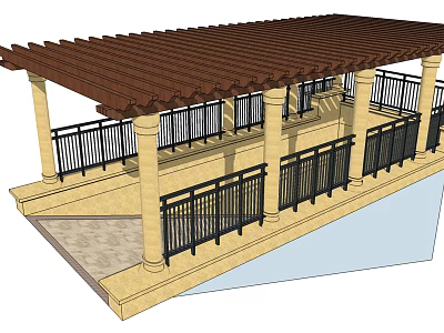 Outdoor Pergola Platform With Brown Roof Columns And Black Railings 3d model