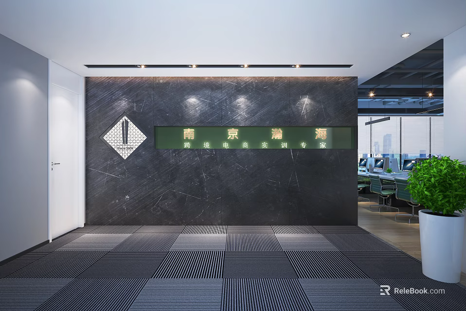 Modern Front Desk Reception Area Design With Marble Background Wall And Company Logo 3d model 