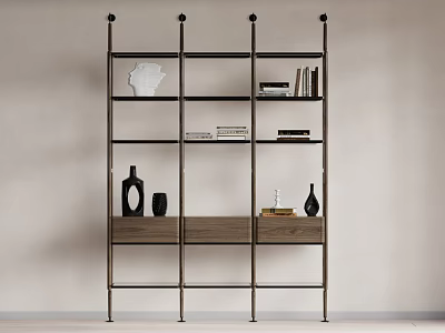 Modern Metal Frame Storage Shelf Unit With Wooden Drawer And Decorative Items 3d model