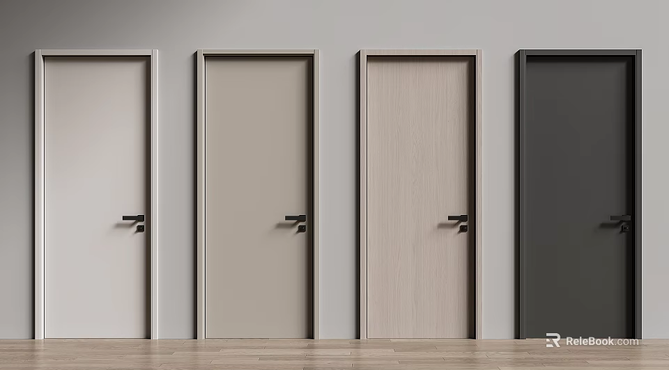 Modern Hinged Doors in Various Colors With Wooden Floor and Gray Wall Interior 3d model 