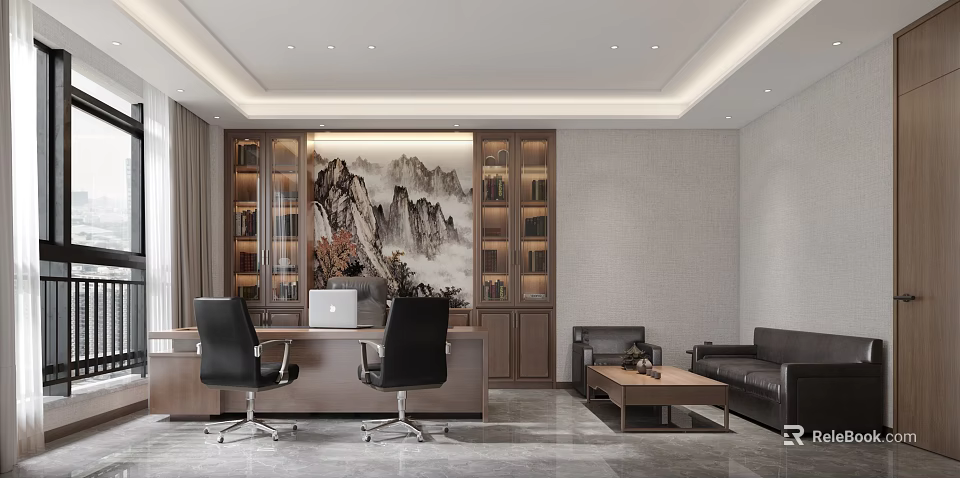 Modern Office Interior With Chinese Landscape Painting Bookshelves Wooden Desk Black Office Chairs And Sofa 3d model 