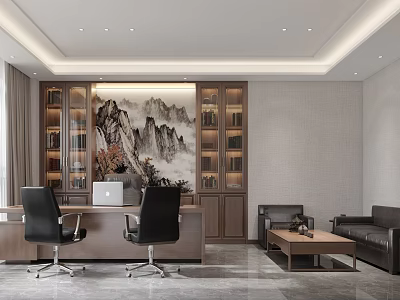 Modern Office Interior With Chinese Landscape Painting Bookshelves Wooden Desk Black Office Chairs And Sofa 3d model