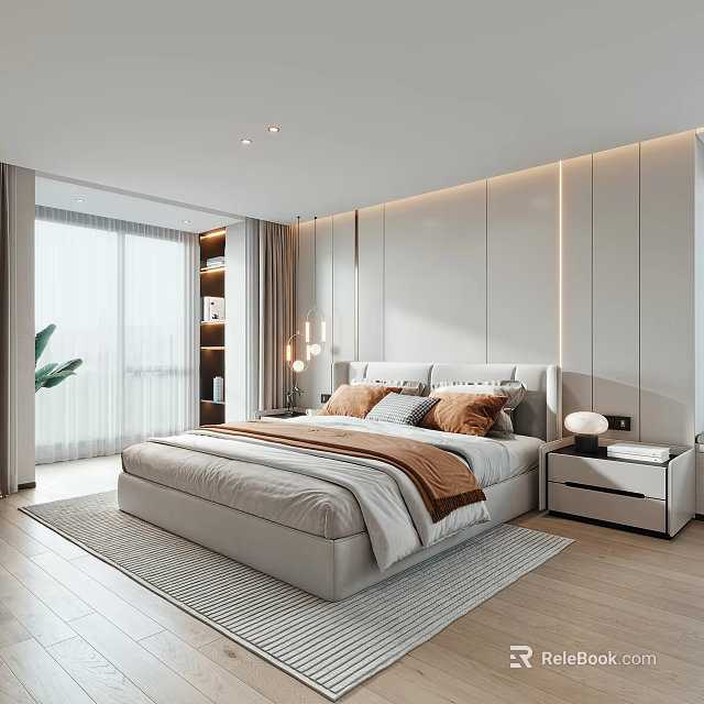Modern Minimalist Bedroom Interior Design With Upholstered Headboard Nightstand Wall Lights And Area Rug 3d model 