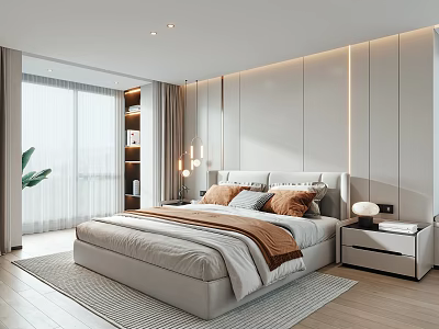 Modern Minimalist Bedroom Interior Design With Upholstered Headboard Nightstand Wall Lights And Area Rug 3d model