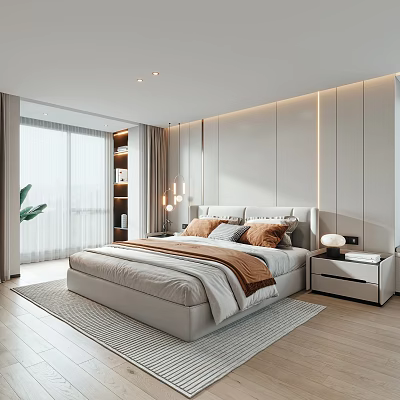Modern Minimalist Bedroom Interior Design With Upholstered Headboard Nightstand Wall Lights And Area Rug 3d model