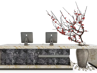 Elegant Reception Desk With Marble Countertop Dual Computers Red Flower Branch Vase And Pebbles 3d model