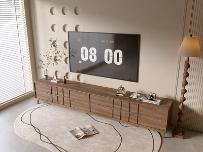 Living Room Modern Wooden TV Stand with Wall TV Circular Decorations Floor Lamp and Rug 3d model