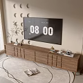 Living Room Modern Wooden TV Stand with Wall TV Circular Decorations Floor Lamp and Rug