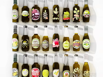 Various Labeled Wine Bottles Arranged in Three Rows on White Background 3d model