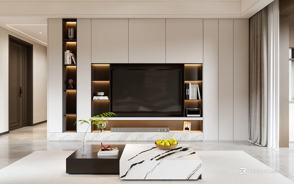 Modern TV Wall Unit With White Storage Cabinets Illuminated Shelves Decorative Books And Green Plant 3d model 