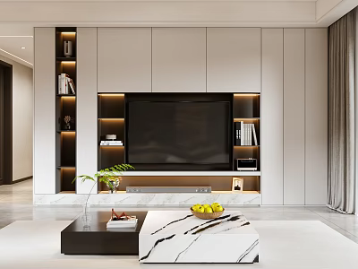 Modern TV Wall Unit With White Storage Cabinets Illuminated Shelves Decorative Books And Green Plant 3d model