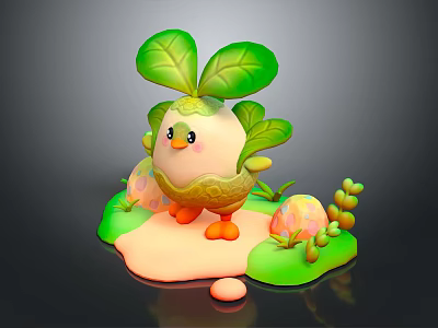 Adorable Leafy Cartoon Chick With Green Leaves Orange Feet Colorful Eggs And Grass Plants 3d model