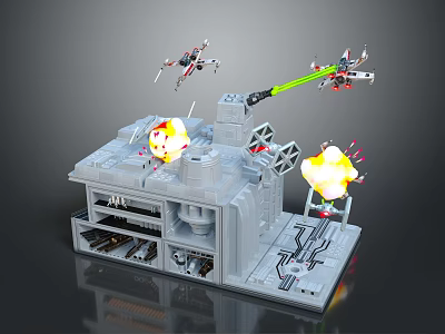 Detailed Gray Mechanical Toy Building With Flying Aircraft Explosion Effects 3d model