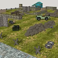 Military Themed Scene With Stone Walls Green Truck Wooden Crates Sandbags Crossed Frames And Grassland