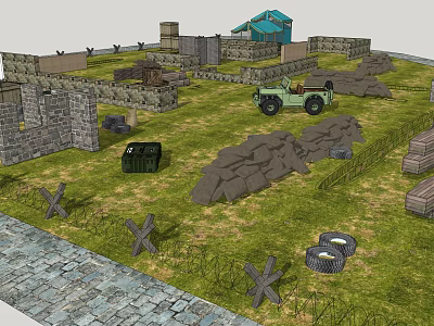 Military Themed Scene With Stone Walls Green Truck Wooden Crates Sandbags Crossed Frames And Grassland 3d model
