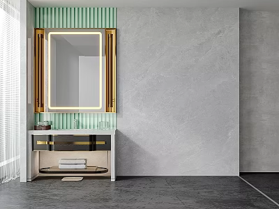 Elegant Hotel Bathroom Design With Gold Framed Mirror Green Vertical Striped Wall Gray Textured Vanity 3d model